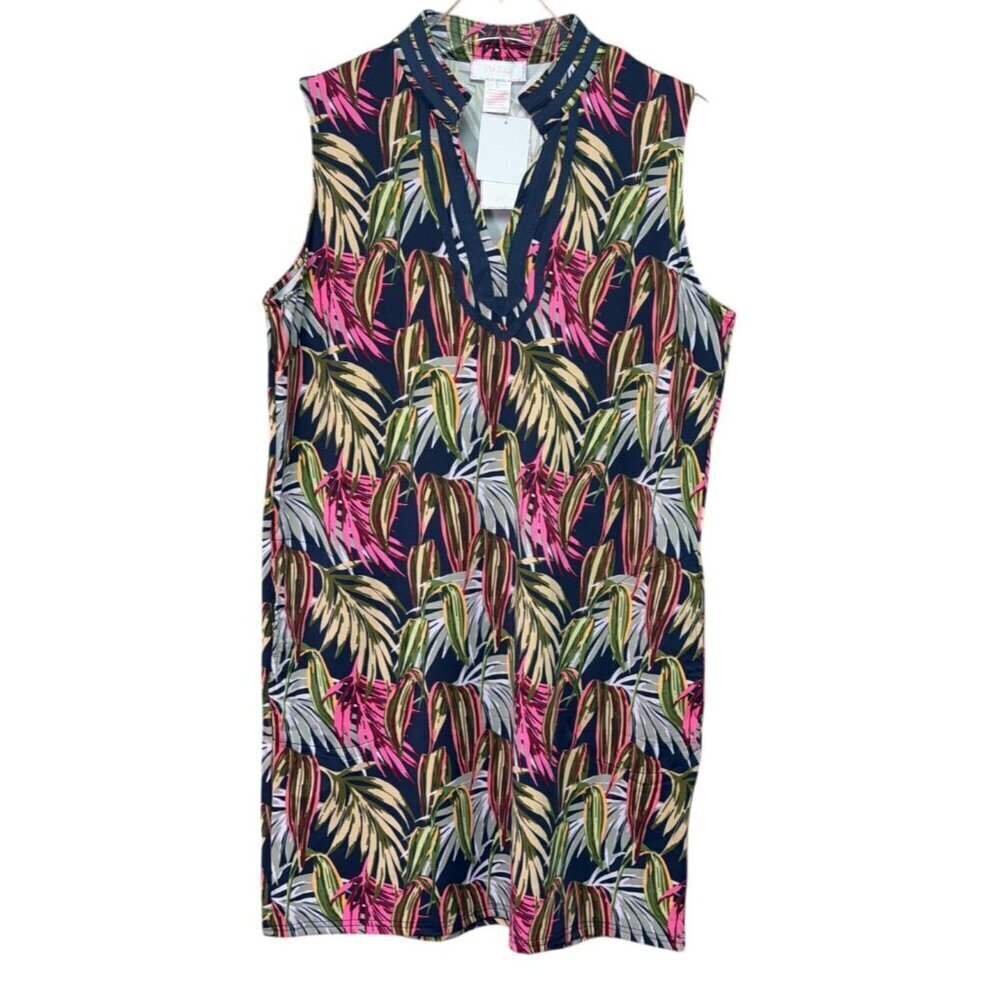 Stella Parker UPF 50 Blue Jay Navy Tropical Sleeveless Dress NWT Large